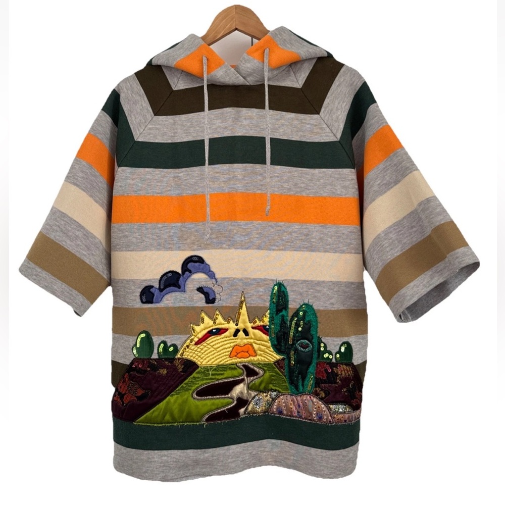 Marc Jacobs Oversized Short Sleeve Striped Hoodie Sweatshirt Desert Appliqué XS